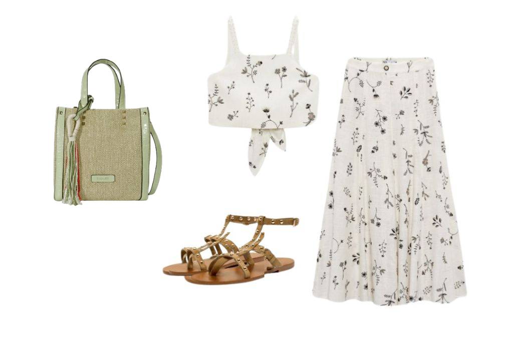 Conjunto a dos prendas de lino en color blanco con dibujos florales y bolso de mano de rafia Aveiro.