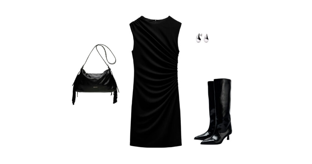 Women's total black look 1: Minimalist elegance: black knitted dress, high heeled boots and shoulder bag from the Mijas collection.