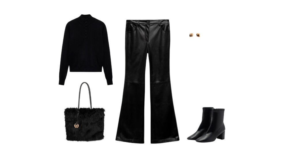 Women's total black look 2, casual chic: knitted jumper with buttons, black leather trousers and shopper bag from the Úbeda collection.