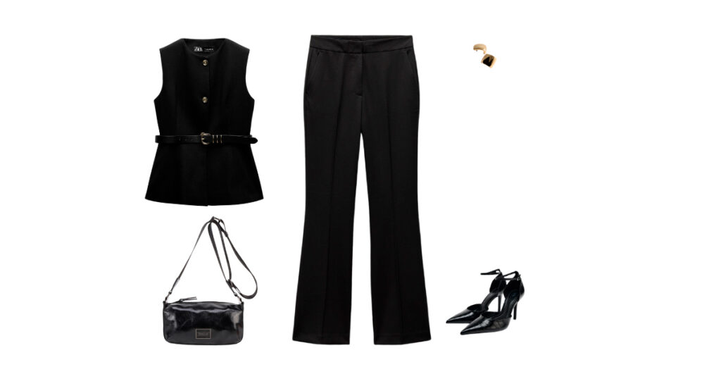 Women's total black look 3, evening glamour: black suit jacket and straight cut trousers with Almería shoulder bag.