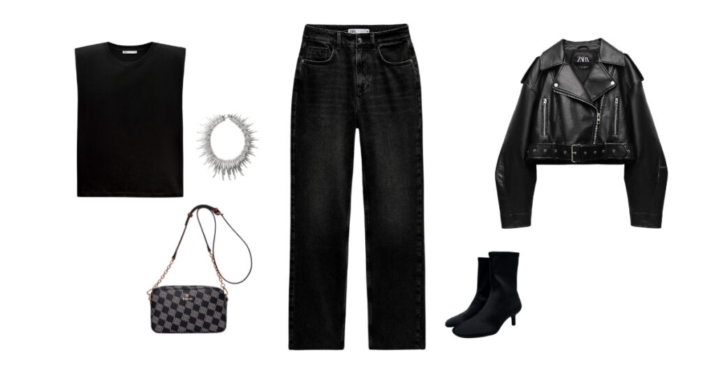 Women's total black look 4, urban style: black straight skinny jeans, a basic black T-shirt with shoulder pads and a leather jacket together with the Loja shoulder bag.