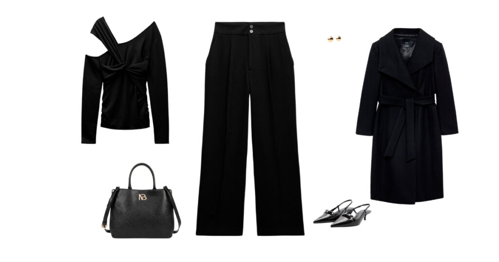 Women's total black look 5, sophistication and texture: long black coat with a set of wide trousers and a tight top with a Carmona handbag.