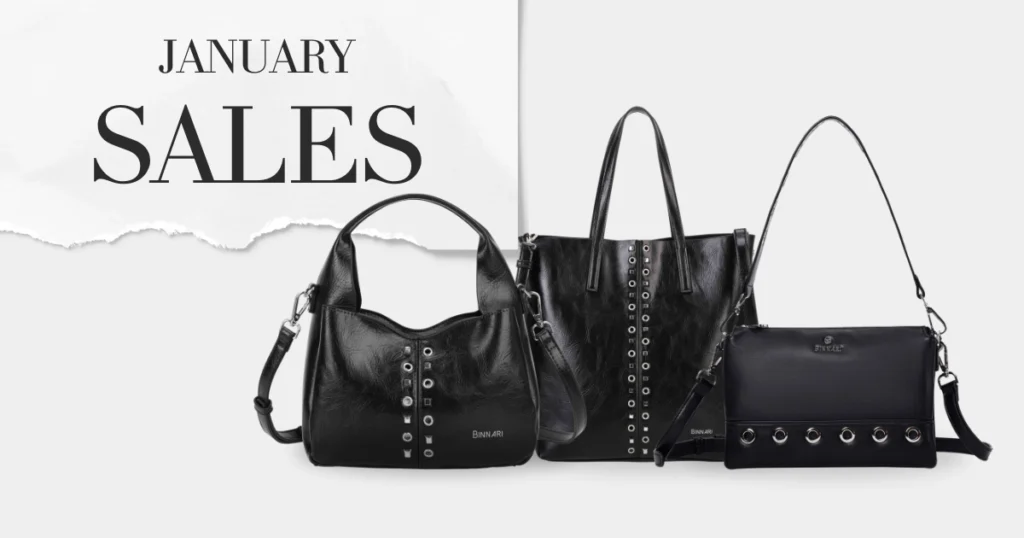 Image of three studded bags and Binnari's January sales.